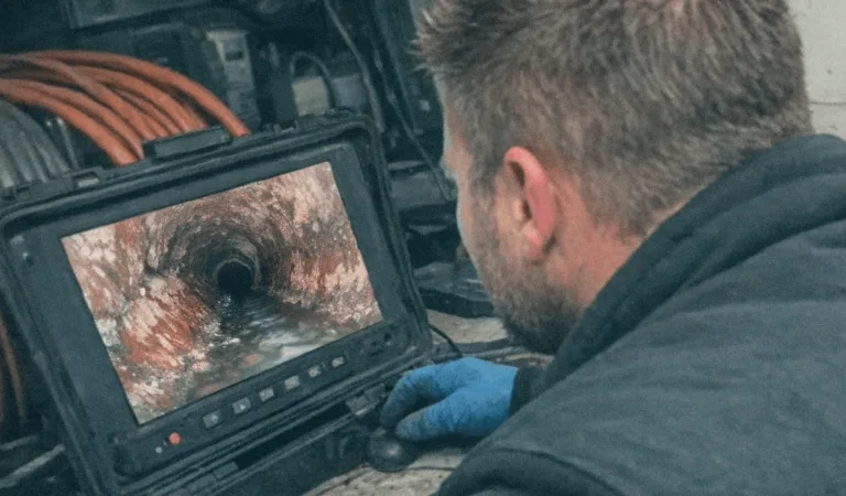 Monitoransicht einer Rohrkamera bei der TV-Untersuchung eines Kanals