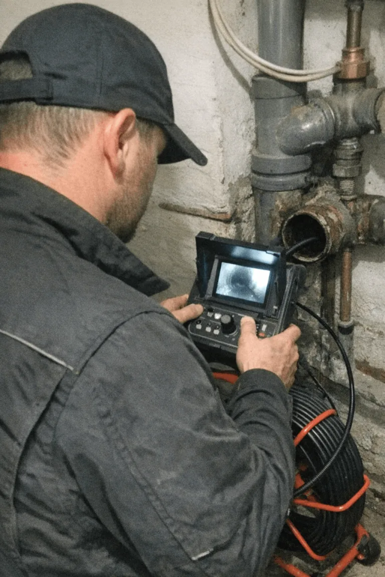Techniker von Penz Rohrreinigung bei der professionellen Leitungsprüfung in Bonn.