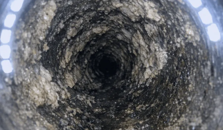 Blick durch eine Kanalkamera auf ein stark verkalktes Rohr in Bonn.