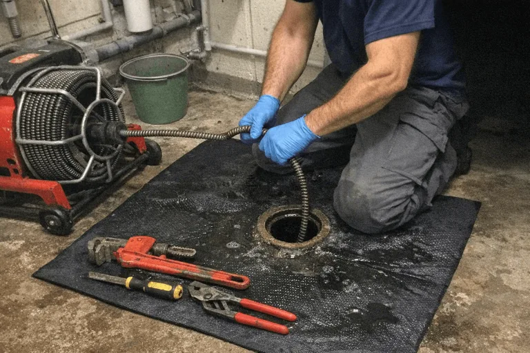 Techniker bei der Beseitigung einer akuten Rohrverstopfung mit Spirale