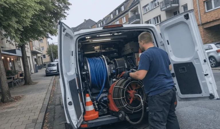 Hochdruck-Spülfahrzeug vor einer Gewerbeimmobilie im Einsatz.