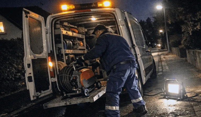Rohrreinigungs-Servicewagen einsatzbereit in einer Wohnstraße in Geislar geparkt.