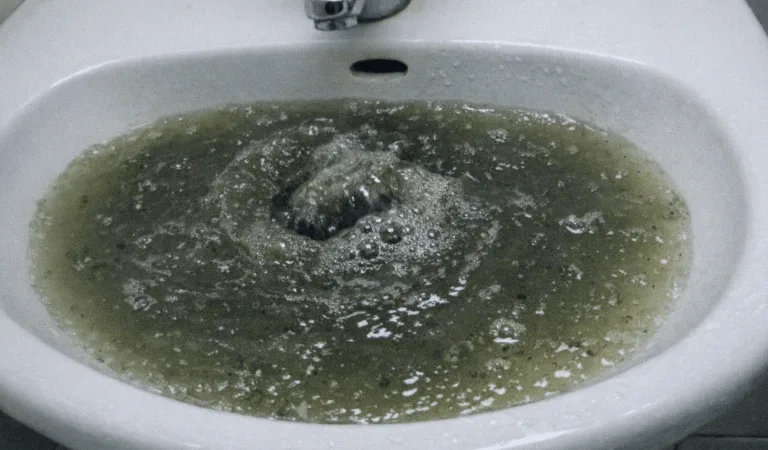 Wasser staut sich in einer weißen Duschwanne aufgrund einer Verstopfung.